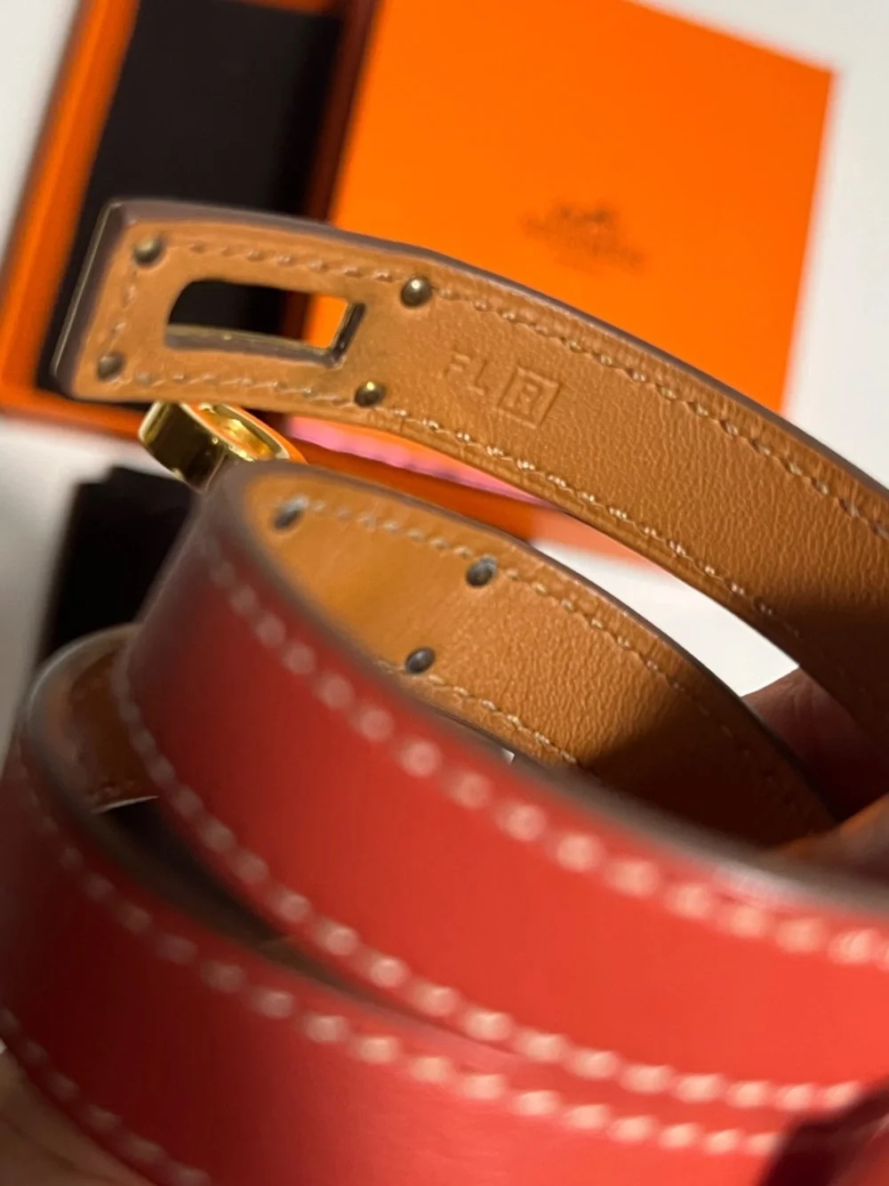Hermes Coral Leather Double Tour Watch Bracelet with Gold Hardware